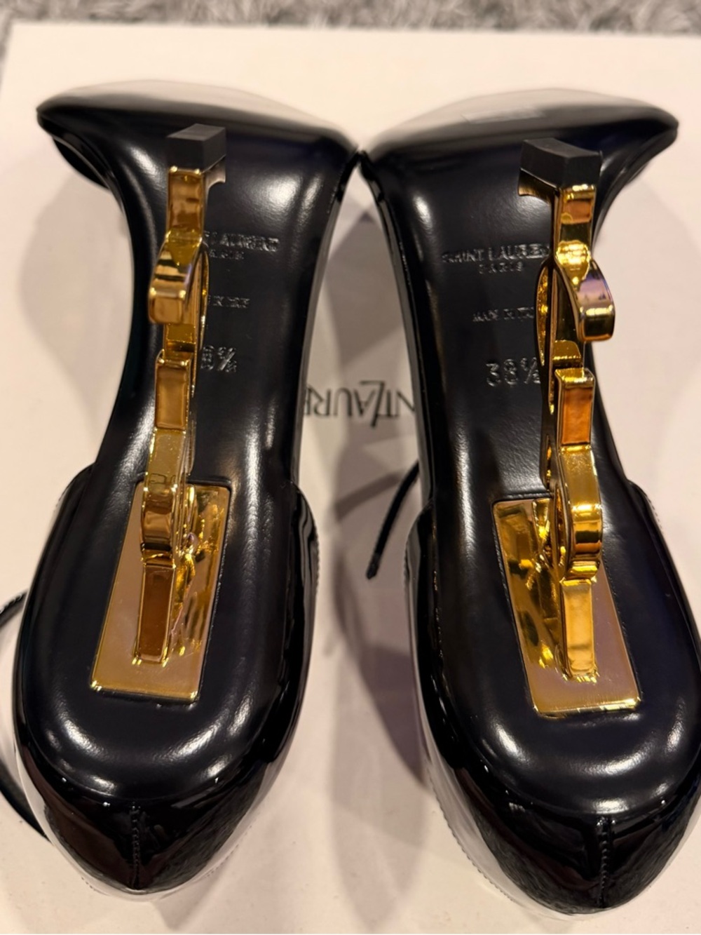 Saint Laurent Black Patent Sandals with Gold YSL Sculpted Heels - Picture 5 of 6